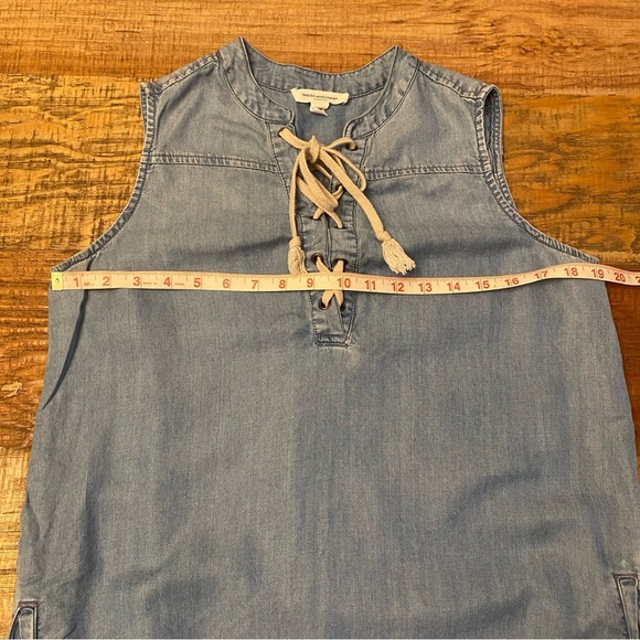 Beach lunch lounge chambray sleeveless lace up yoke mini dress Medium women’s - Picture 9 of 11